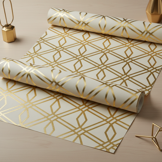 Golden lattice geometric wallpaper with gold pattern on ivory background