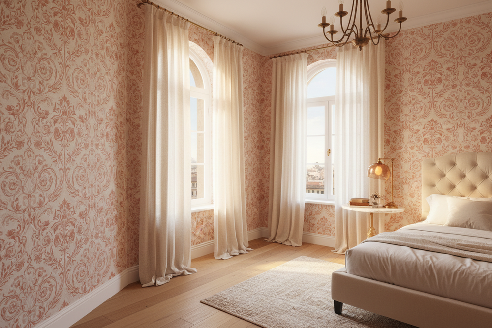 Florence Italian Renaissance floral wallpaper in terracotta and cream in an elegant bedroom