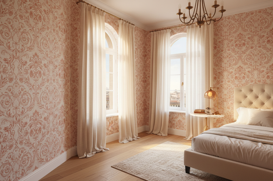 Florence Italian Renaissance floral wallpaper in terracotta and cream in an elegant bedroom